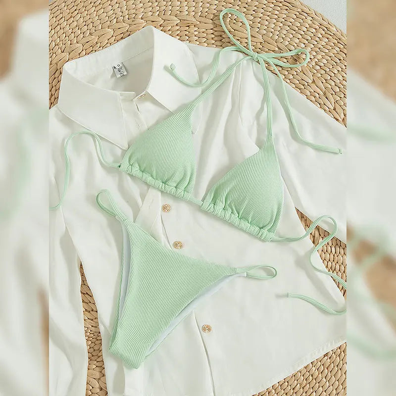 2025 Special Pit Stripe Fabric Bikini Set Women Sexy Simple Solid Halter Bikini Swimsuit High Waisted Lace Up Beach Bathing Suit