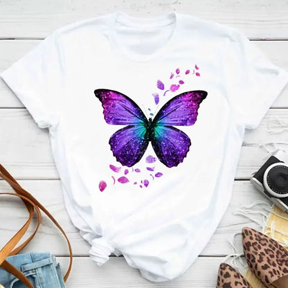 Y2k Women's Colorful Butterfly Petal Print T-Shirt, Short Sleeve, Round Neck, Cute Graphic Tee Shirts, Female Tops Clothes