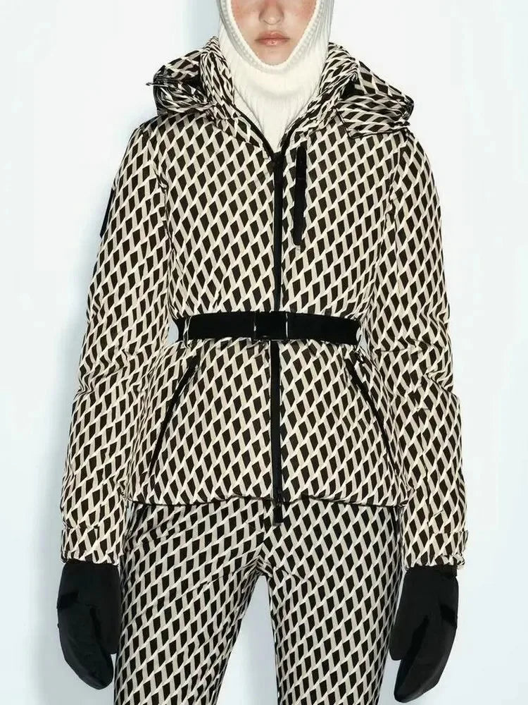 Women's Winter Hooded High Waist Padded Sport Parkas Coats with Belt Female Elegant Thick Warm Pockets Windproof Skiing Jackets