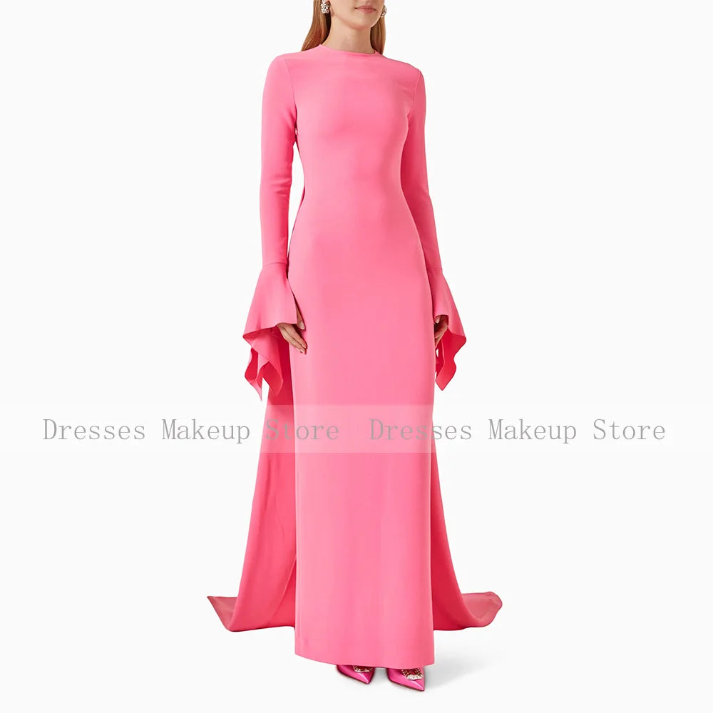 Pink Wedding Guest Dresses for Women 2024 Column Long Sleeves Elegant Evening Dress O Neck Elegant Formal Party Gowns Maxi