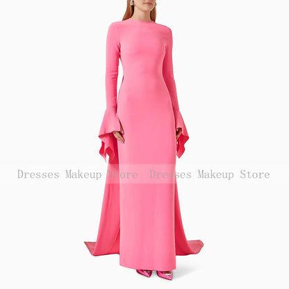Pink Wedding Guest Dresses for Women 2024 Column Long Sleeves Elegant Evening Dress O Neck Elegant Formal Party Gowns Maxi