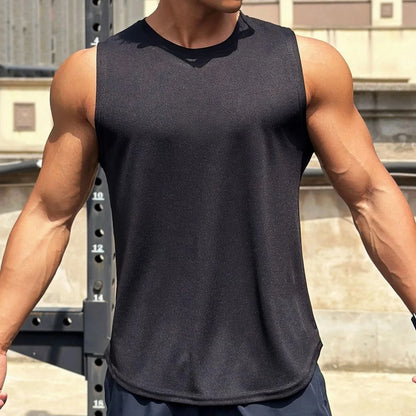 Summer New Trend Men's Pullover Round Neck Mesh Bottom Shirt Sports Fitness Swimming Running Shirt Sleeveless Vest Quick  Dry
