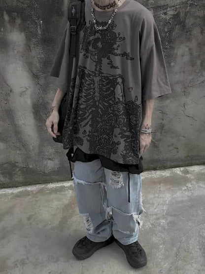 Men T-shirts 2026 Summer Streetwear High Street Gothic Skull Tshirt Loose Oversized Short-sleeved T shirt Dark Anime Men Y2k Top
