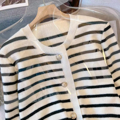 Stripe Knitted Cardigan Women Spring Autumn O-neck Single Breasted Long Sleeve Crop Tops Fashion Casual Chic Female Sweaters