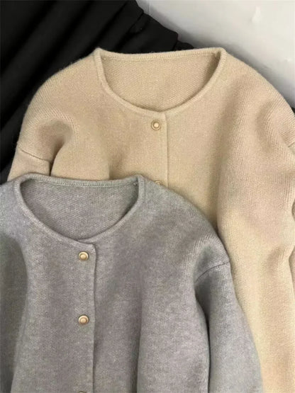 Korean Fashion Round Neck Knit Cardigan Spring Autumn Casual Long Sleeve Loose Wool Sweater for Women Knitwear Basic Coat Tops