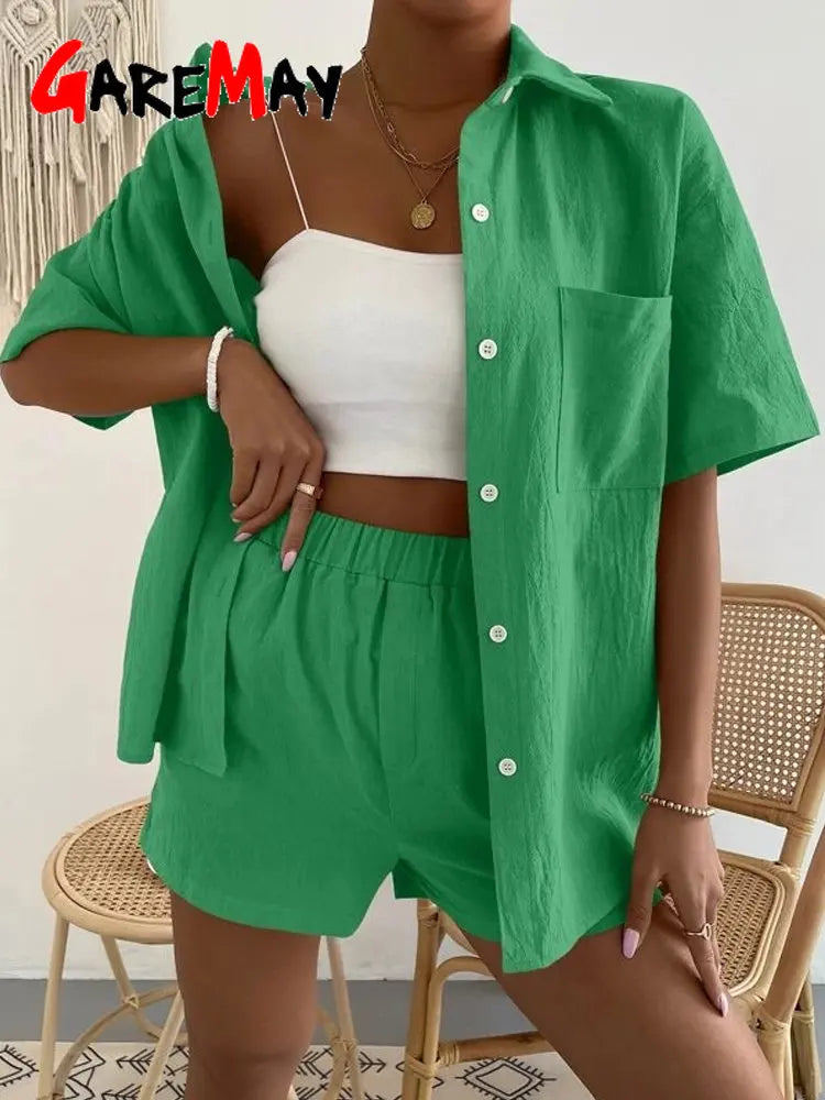 Women's Cotton Suit  Short Sleeve Casual Elegant Green Soild Two Piece Set Women Outfit Suit Shorts and Shirt for Women