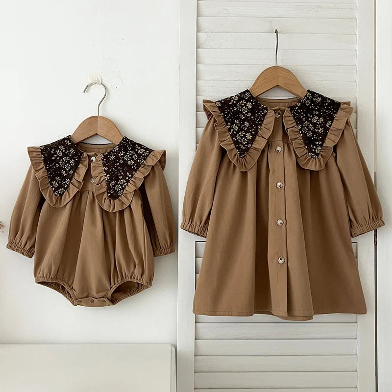 New Autumn Sister Clothes Infant Baby Girls Party Dress Long Sleeved Vintage Flower Toddler Baby Bodysuits Kids Princess Dress