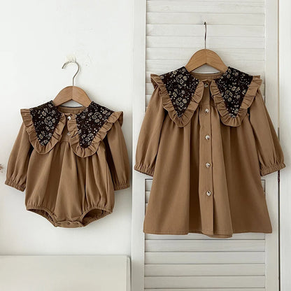 New Autumn Sister Clothes Infant Baby Girls Party Dress Long Sleeved Vintage Flower Toddler Baby Bodysuits Kids Princess Dress