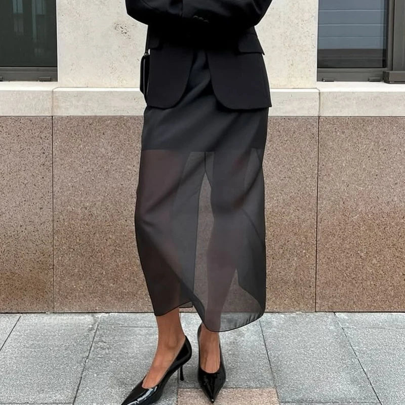 Black Mesh Skirts For Women Double-layer Design Sexy Perspective High Waist Slit Hip Skirt Female Thin Loose New Summer