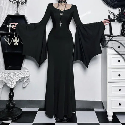 Halloween Costume Women Batwing Sleeve Floor Dress Black Gothic Evil Terror Maxi Mistress Morticia Addam Family Outfit For Adult