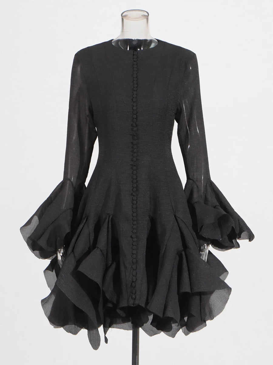 TWOTWINSTYLE Solid Long Dresses For Women Round Neck Flare Sleeve High Waist Slim A Line Spliced Ruffles Dress Female Fashion