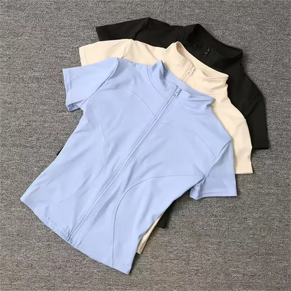 Women Summer Slim Yoga Tops Stand Collar Full Zipper Short Sleeves Shirts Solid Workout Clothes Gym Running Coats Lady Casual