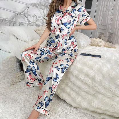 Women's Pajamas Sets Autumn Short Sleeve Buttons Top & Pants Sleepwear 2 Piece Button-Down Pj Set Homewear Satin Loungewear