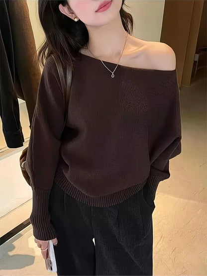 Off Shoulder Knit Top for Women Slash Neck Rib-knit Batwing Sleeve Sweater Pullovers Autumn Winter Korean Fashion Outfit