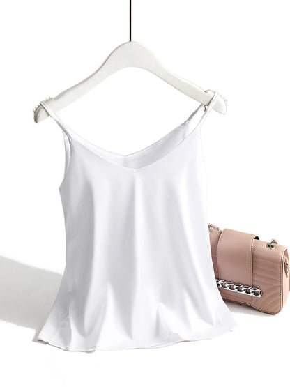 AOSSVIAO 2026 Spaghetti Strap Top Women Halter V Neck Basic White Cami Sleeveless Satin Silk Tank Tops Women'S Summer Camisole