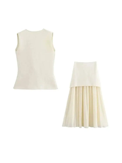 Women Fashion With Golden Buttons Knit Waistcoat And High Elastic Waist Pleated Midi Skirt Female Two Piece Sets Mujer