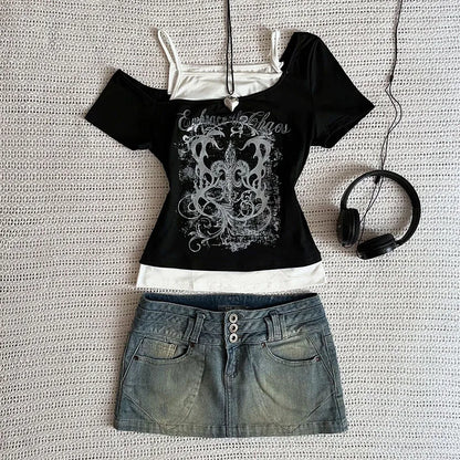 Women's 90s Vintage Punk T-Shirt Summer Streetwear Sexy Short Sleeve Gothic Slim Crop Top Hotgirl Casual Femme Tee Harajuku Y2k