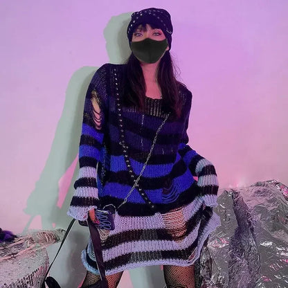 New Purple Striped Gothic Sweaters Women Ripped Holes Loose Knitted Pullover Frayed Fairy Grunge Jumpers Emo Streetwear Lolita