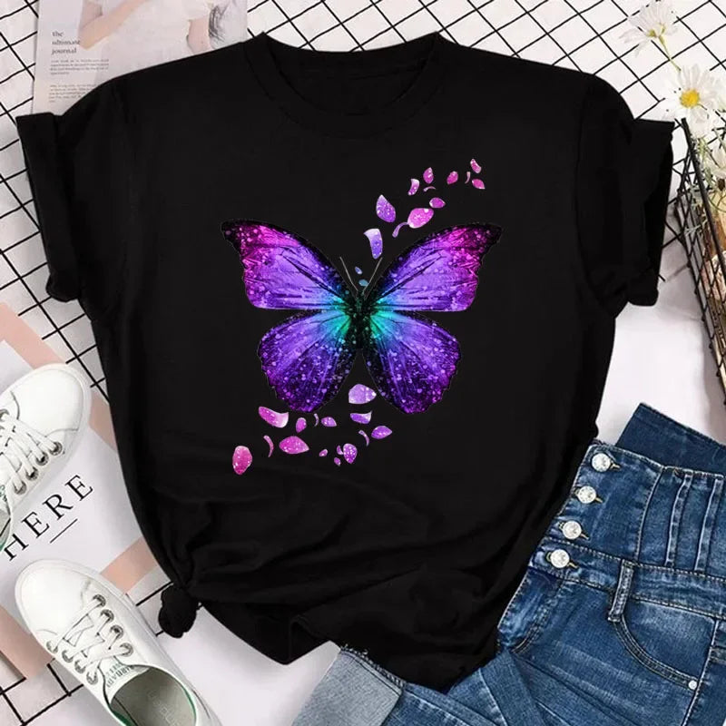 Y2k Women's Colorful Butterfly Petal Print T-Shirt, Short Sleeve, Round Neck, Cute Graphic Tee Shirts, Female Tops Clothes