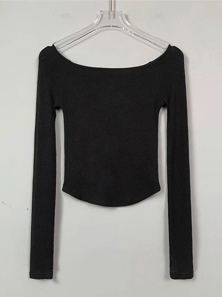 Women's Sexy Long Sleeve T-Shirt Cotton Crop Slim Fit Black White Slash Neck Tee Shirt Femme 2025
