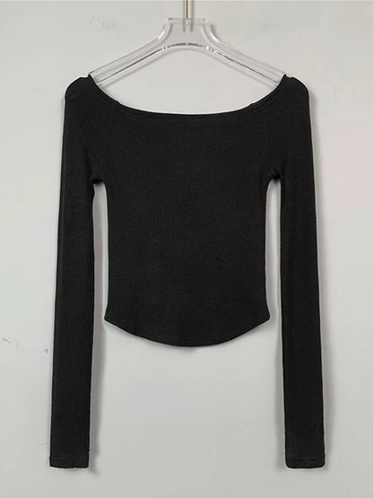 Women's Sexy Long Sleeve T-Shirt Cotton Crop Slim Fit Black White Slash Neck Tee Shirt Femme 2025