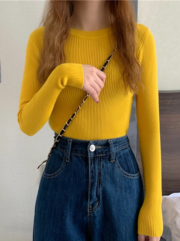 2026 New Women Sweater Autumn Winter Long Sleeve Pullover Basic Top Fashion O-neck Elastic Female Winter Solid Knitted Jumper