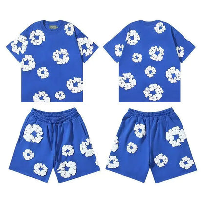 DENIM TEARS Summer Hot Selling European and American Fashion Hip Hop Printed Short Sleeve Set High Street Loose Sportswear