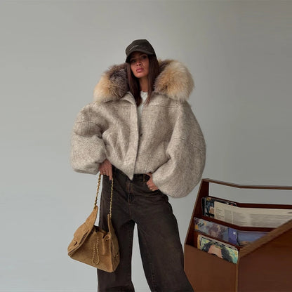 Vintage Thicken Faux Fur Woolen Jacket Women Fashion Hooded Pocket Lantern Sleeve Elastic Waist Coat Winter Female Daily Outwear