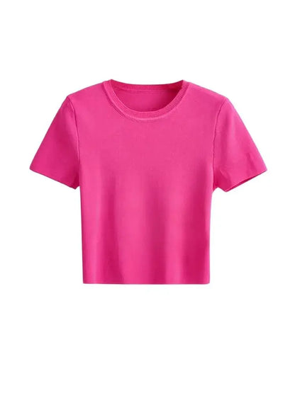 Women Fashion Striped Basic Cropped Knit Sweater Vintage O Neck Short Sleeve Female Pullovers Chic Tops