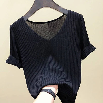 AOSSVIAO 2026 Basic V-neck Solid Thin Summer Women Pullover Female Thin Knitted Ribbed Sweater Slim Short Sleeve Bodycon Sweater