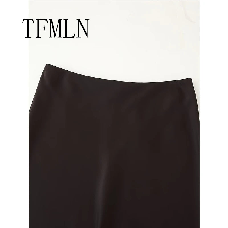 TFMLN Elegant Lace Splice Satin Half Skirt Women's Fashion Wrap Around Long Skirt High Quality Feel New 2025 Style
