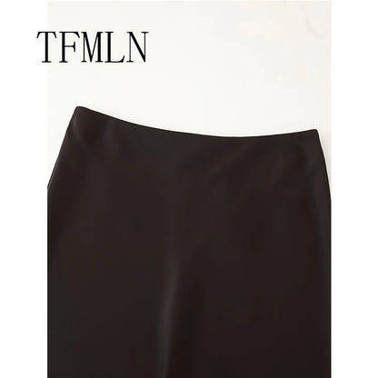 TFMLN Elegant Lace Splice Satin Half Skirt Women's Fashion Wrap Around Long Skirt High Quality Feel New 2025 Style