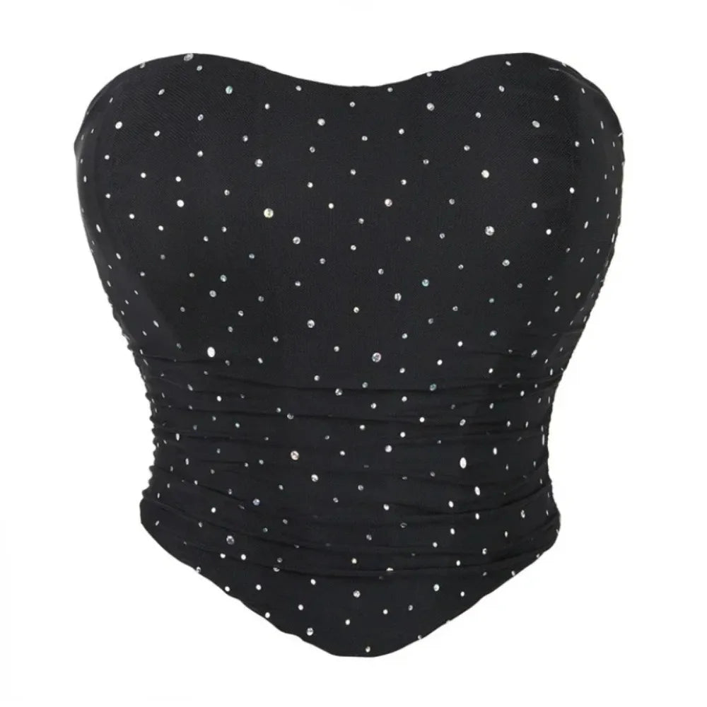 Summer Women Sexy Corset Crop Top Rhinestone Backless Lace Up Bustier Female Club Party Camisole Underwear