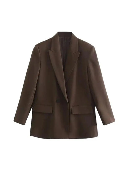 Women Fashion Double Breasted Loose Fitting Blazer Coat Vintage Long Sleeve Pockets Female Outerwear Chic Veste Femme