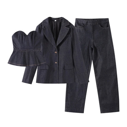 Elegant Denim Blazer Vest Pants Set Women Single-breasted V-Neck Suit Coat Strapless Tanks Straight Leg Jeans 2025 New Lady Suit