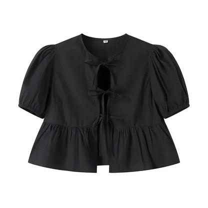MUJER White Ruffle Crop Top Women Black Short Puff Sleeve Blouse Female Bow Tied Summer Blouses Woman 2025 Ruched Cute Tops