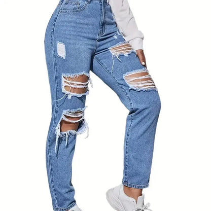 Sexy High Waist Women's Denim Jeans PD08286 New Arrival Blue Hole Punch Design Long Pants Spring 2024 Faion Ladies' Wear