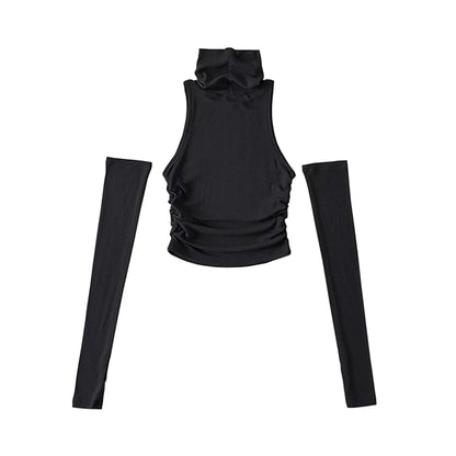 Woman Clothes Fall 2025 Tank Top Sleeve Cover Sleevless Side Pleats Turtleneck T-shirt  Sexy Ribbed Knitted Tops Y2k 2529