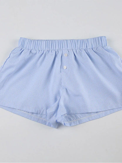 Striped Print Casual Shorts for Women Elastic Waist Fashion Button Bottoms Streetwear Chic Basic Y2K Loose Shorts