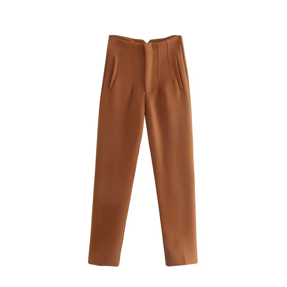 DUOPERI Women Fashion Solid Basic High Waist Trousers Chic Female Office Lady Casual Business Workwear Long Pant