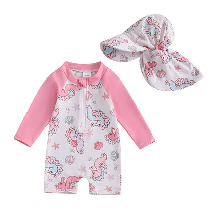 Toddler Girls Boys Beach Wear Kids Swimwear Summer Long Sleeve Floral/Tropical Print Zip Up Bathing Suits with Hat For Swimsuit