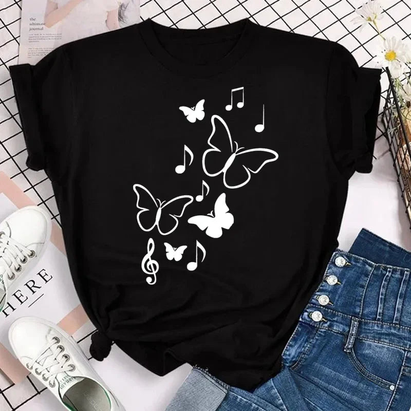 Y2k Women's Colorful Butterfly Petal Print T-Shirt, Short Sleeve, Round Neck, Cute Graphic Tee Shirts, Female Tops Clothes
