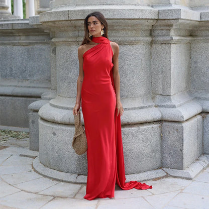 Elegant Women's Ribbon Long Satin Party Dress Halter Backless Sleeveless Female Dresses 2026 Summer Lady Solid Evening Gowns