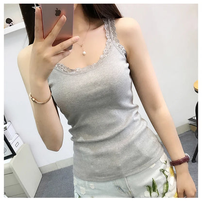 Summer Women Sleeveless Tanks Top Bodycon Temperament Sexy Lace Patchwork Tshirt Vest Tank Top Female Vest Tops Camis