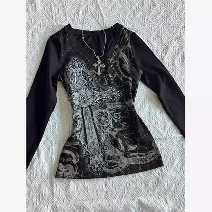 Retro Hip Hop Y2K T-Shirts Fashion Women Sexy Long Sleeve Gothic Vintage Punk Streetwear Tops Casual Slim Hot Girl Autumn Tees
