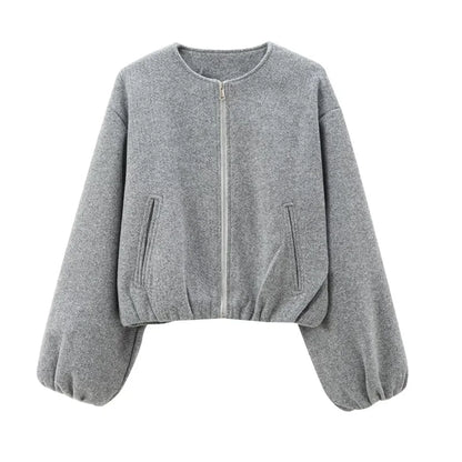 HXAO Outerwears Cropped Bomber Jacket Women Autumn Long Sleeve Faux Wool Coats For Woman Winter Zip Up Gray Beige Short Coats