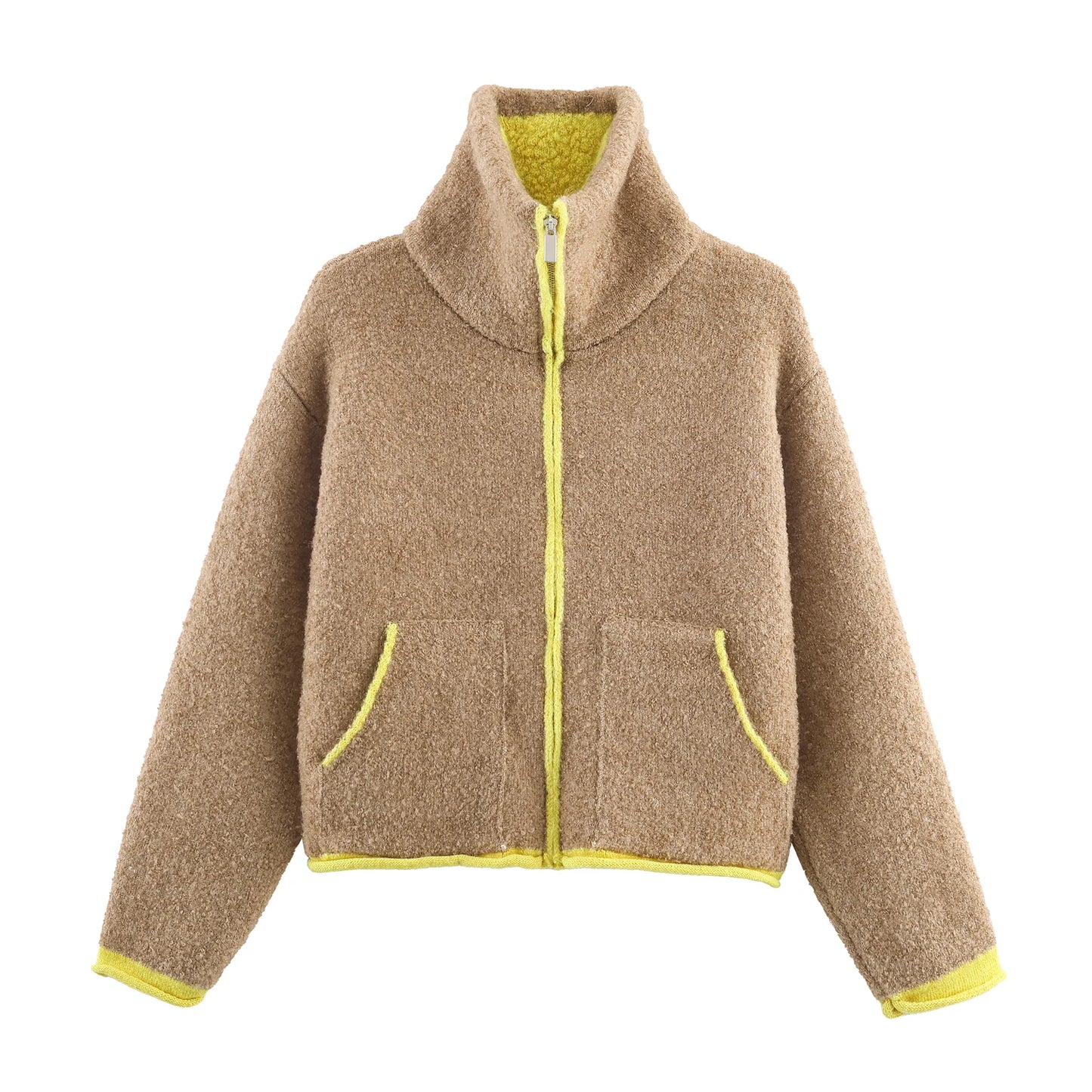 2025 Winter New Product Women's Lazy Style Loose Contrasting Color Decorative Layer Knitted Pilot Jacket Coat