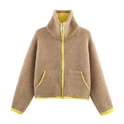 2025 Winter New Product Women's Lazy Style Loose Contrasting Color Decorative Layer Knitted Pilot Jacket Coat