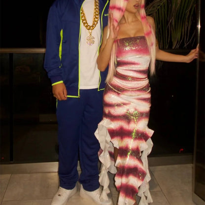 Women Halloween Shark Tale Lola Costume Dress Anime Sexy Ruffle Hem Fish Strapless Tube Cosplay Maxi Dress