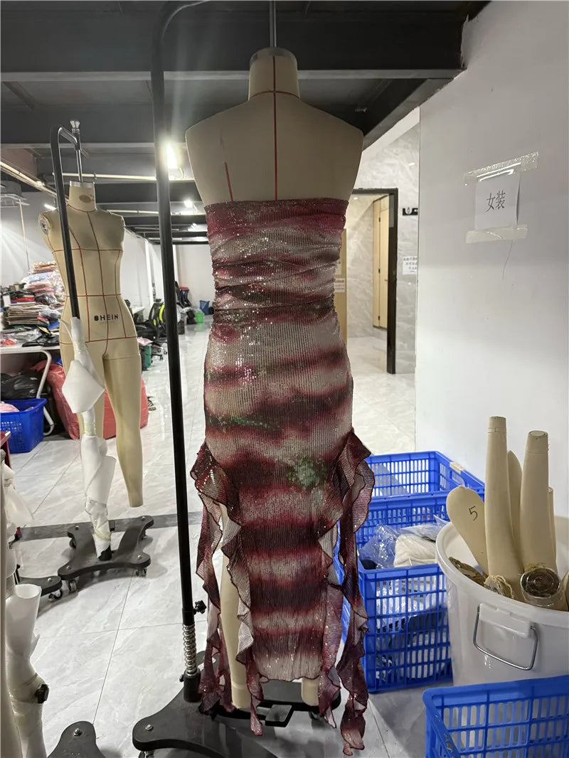 Women Halloween Shark Tale Lola Costume Dress Anime Sexy Ruffle Hem Fish Strapless Tube Cosplay Maxi Dress